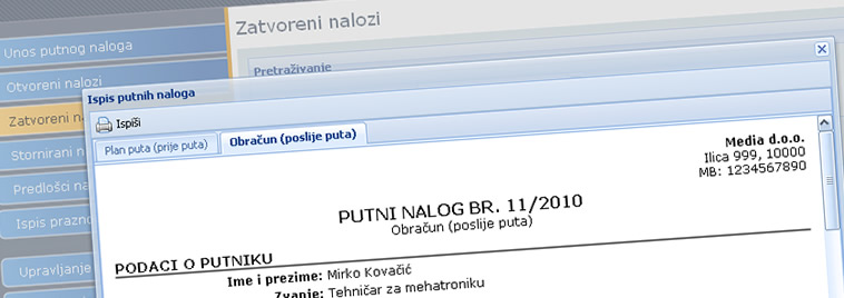 Putni nalozi - ispis